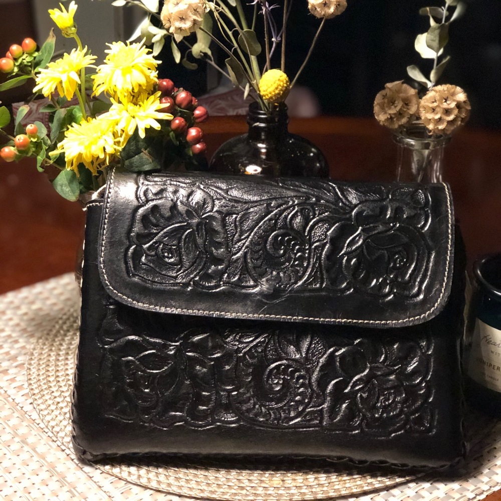 Black leather handmade Mexican bag
